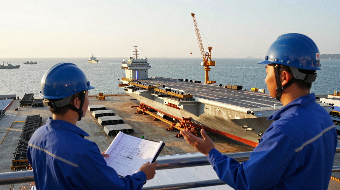 Dois trabalhadores de capacete azul observam e discutem projeto de grande navio porta-aviões em doca seca.