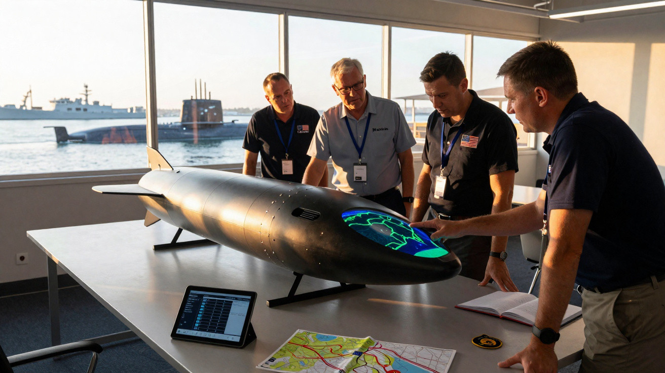 Quatro homens analisam maquete tecnológica de torpedo numa sala com vista para submarino e mar.