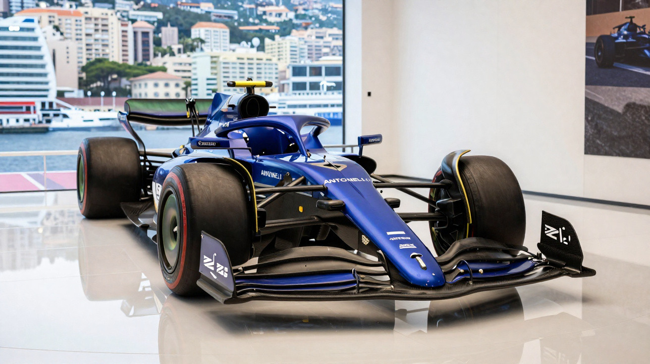 Carro de Fórmula 1 azul com decoração preta exposto num espaço interior com vista para uma cidade.
