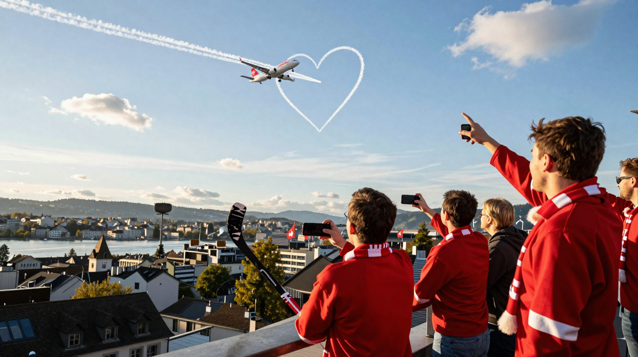 Grupo de fãs vestidos de vermelho a filmar avião a traçar um coração no céu azul sobre uma cidade.