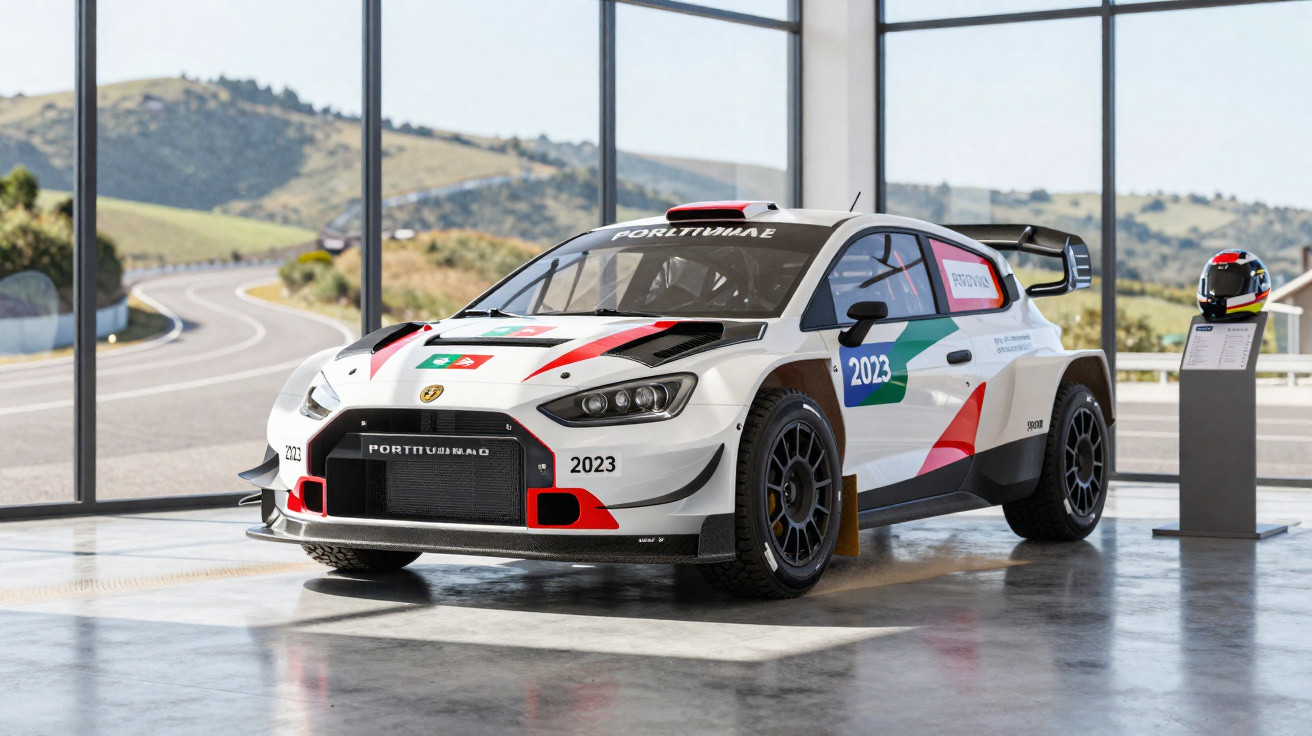 Carro de rali branco com decoração nas cores de Portugal em exposição num espaço com grandes janelas.