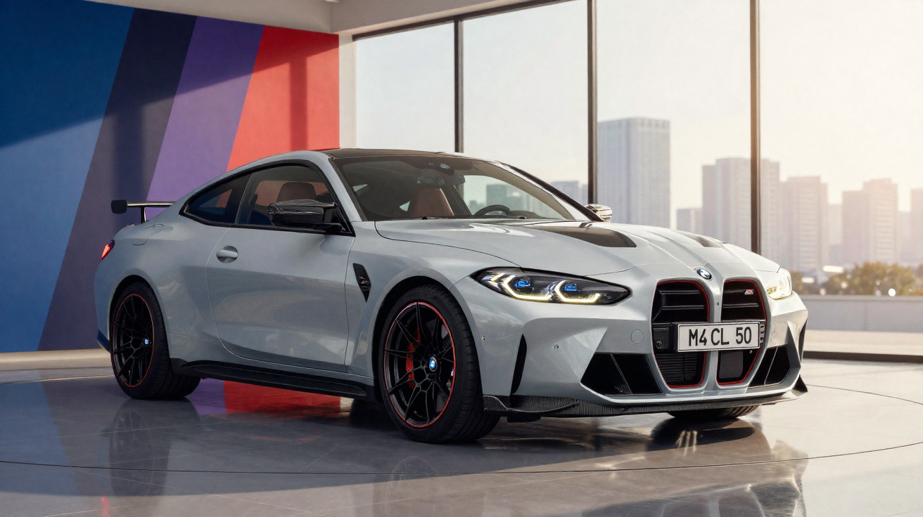 BMW coupé desportivo cinzento com detalhes em vermelho, estacionado num espaço moderno com janelas amplas.