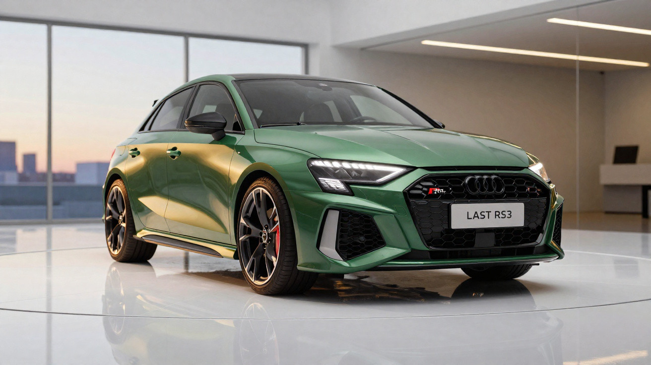 Carro Audi RS3 verde metálico exposto em showroom moderno com chão branco brilhante.