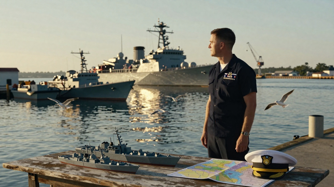Militar naval em uniforme observa navios de guerra no porto ao pôr do sol, com maquetes e mapas à frente.