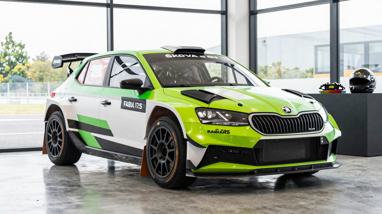 Carro de rali Skoda Fabia RS verde e branco estacionado num espaço interior com capacete ao fundo.