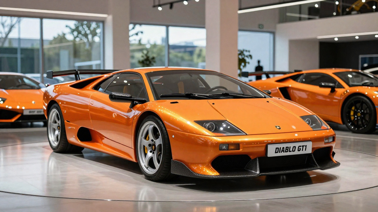Carro desportivo laranja Lamborghini Diablo GT1 exposto em salão com outros carros no fundo.