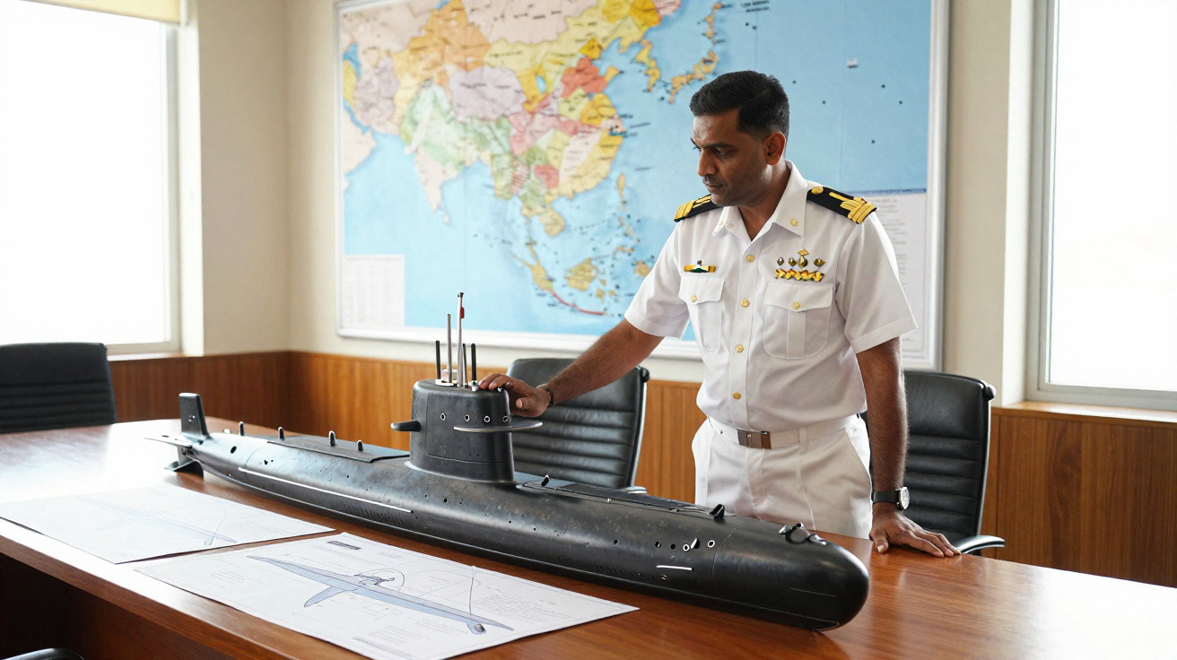 Oficial naval em uniforme branco observa modelo de submarino numa sala com mapas na parede.
