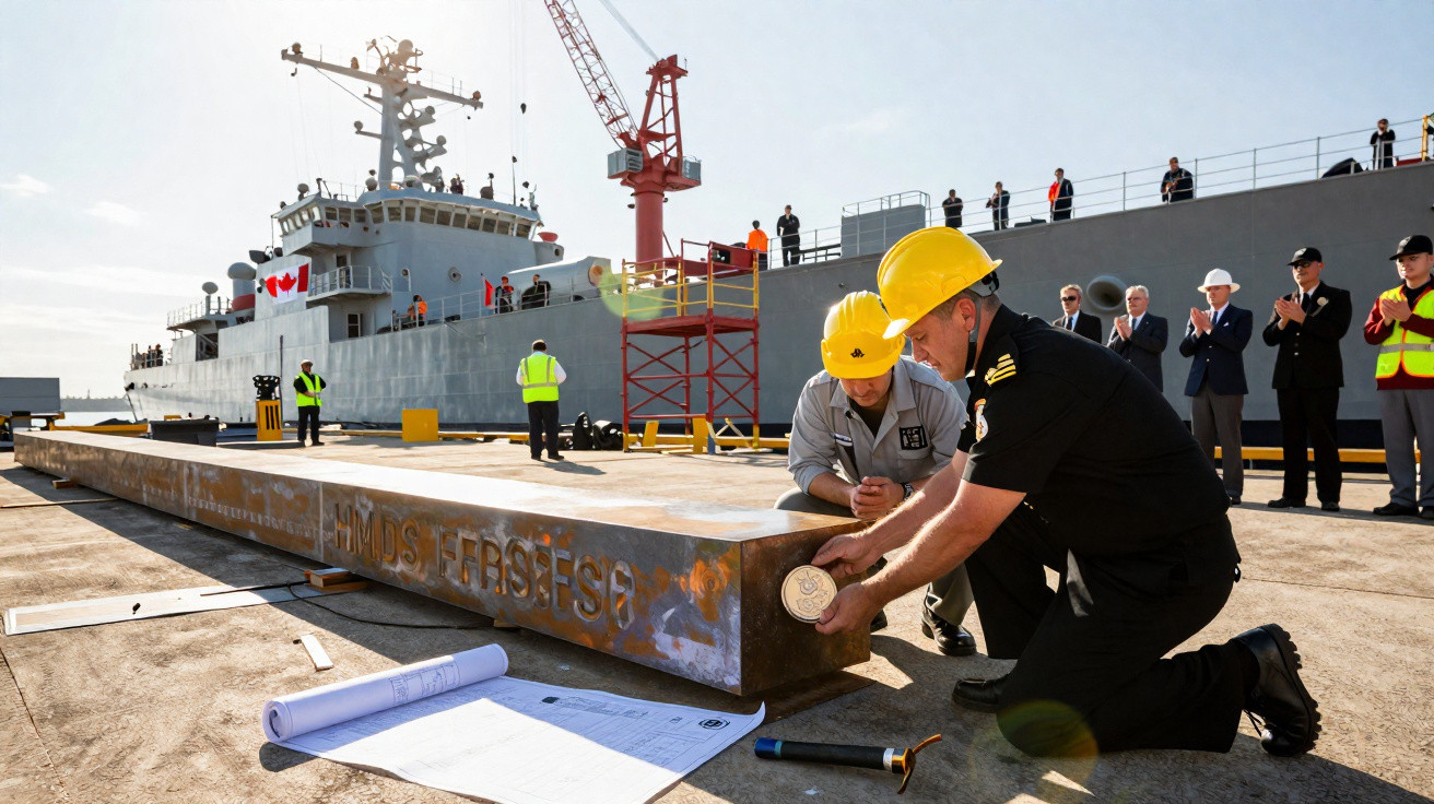 Cerimónia naval com oficiais a colocar placa num estaleiro junto a um navio com bandeira do Canadá.