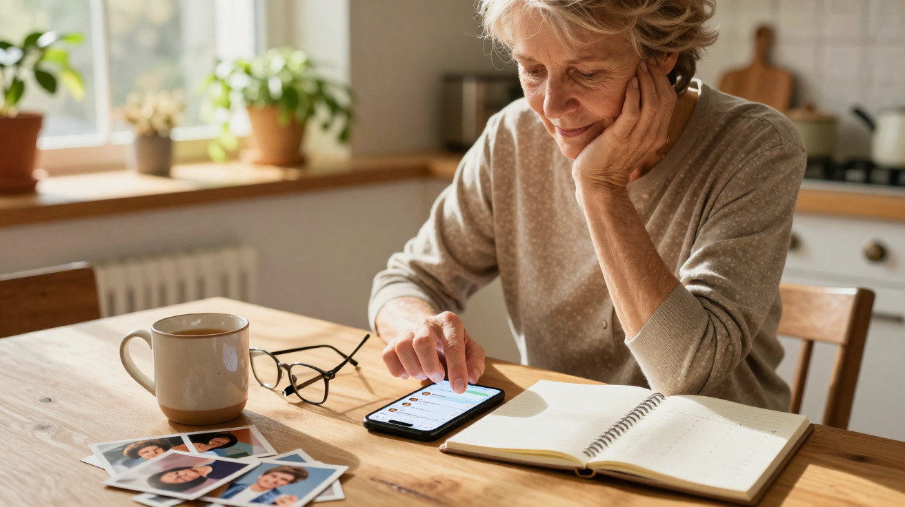 Idosa sentada à mesa com caderno aberto, a usar telemóvel, perto de fotografias, óculos e chávena.