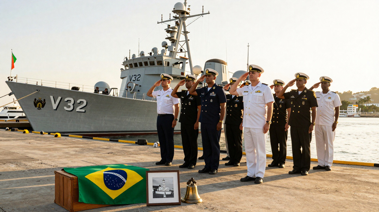 Militares em uniforme a prestar homenagem junto a uma urna com bandeira do Brasil e navio de guerra atracado no porto.