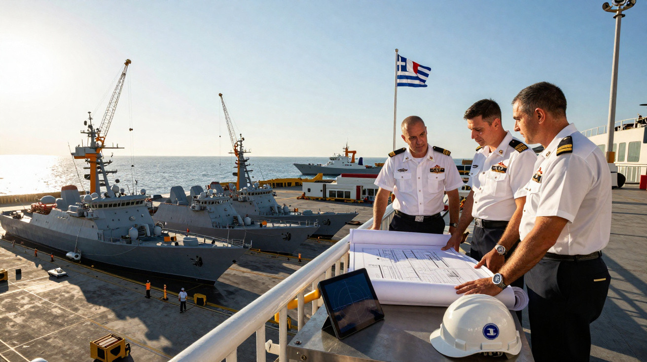 Três oficiais navais em uniforme analisam plantas junto a um cais com navios de guerra atracados ao pôr do sol.