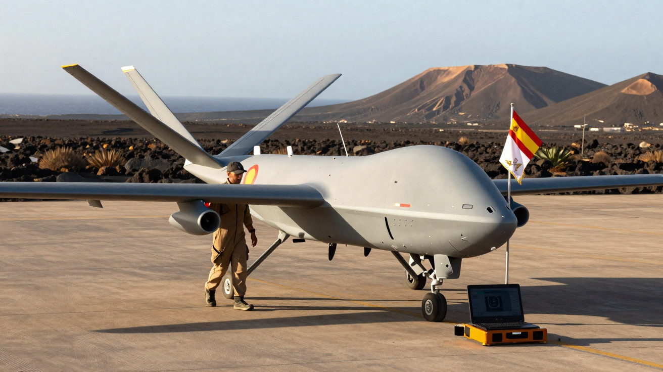 Drone militar cinzento estacionado numa pista com técnico ao lado e bandeira da Espanha, fundo de montanhas e mar.
