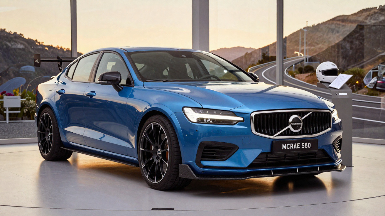 Carro desportivo azul Volvo McRae S60 exposto numa sala com grandes janelas e vista para montanhas.
