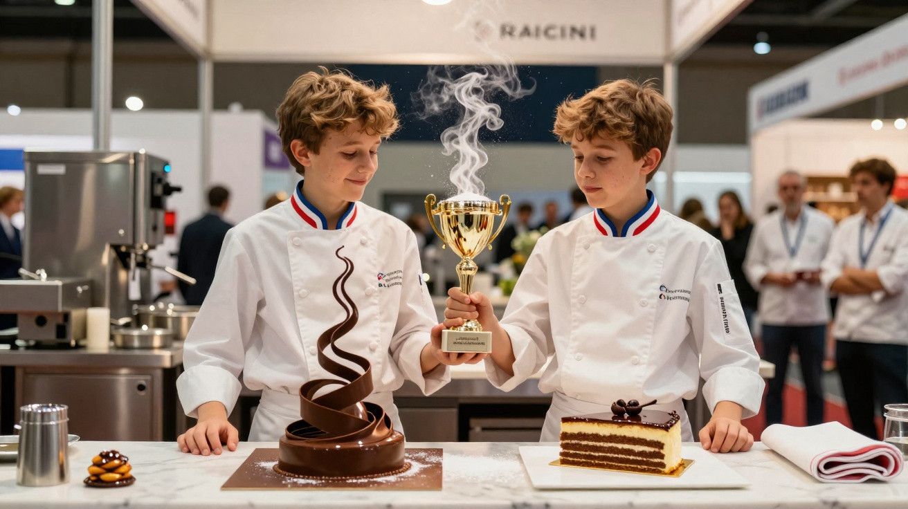 Dois jovens chefs em uniforme seguram um troféu entre um bolo de chocolate e uma fatia de bolo decorados.