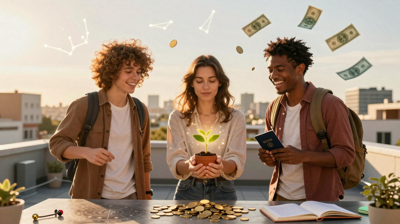 Três jovens num terraço com moedas e notas a flutuar, simbolizando crescimento financeiro e sustentabilidade.