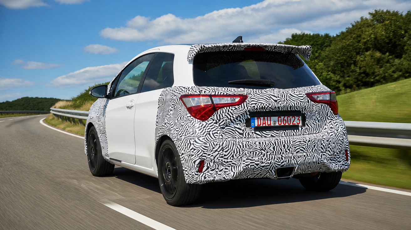 Carro compacto com camuflagem a preto e branco a circular numa estrada com vedação metálica e vegetação.