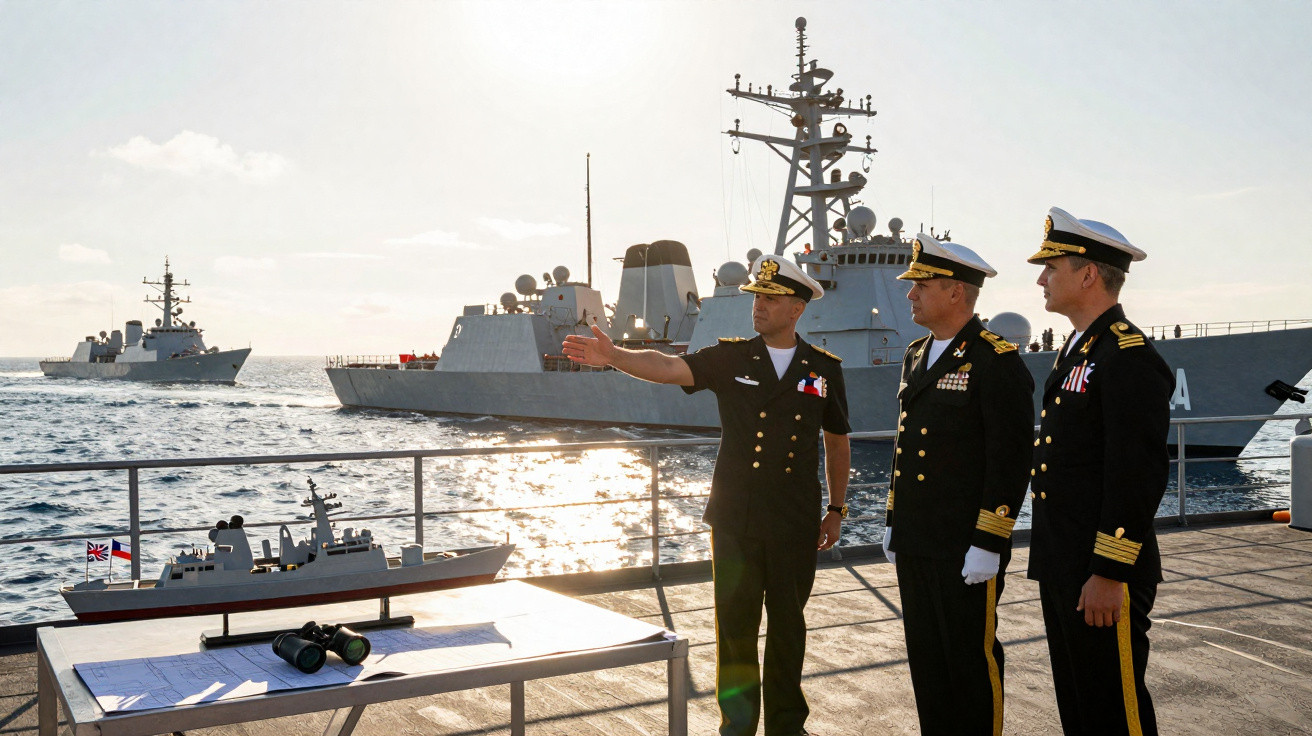 Três oficiais navais em convés de navio com maquete de navio e navios de guerra no mar ao fundo.