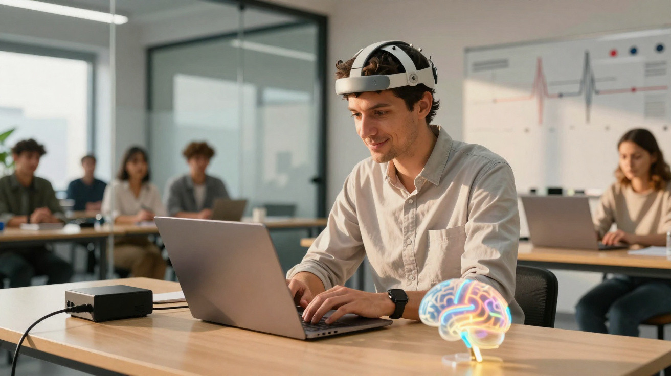 Homem a usar dispositivo de leitura cerebral conectado a computador num ambiente de trabalho moderno.
