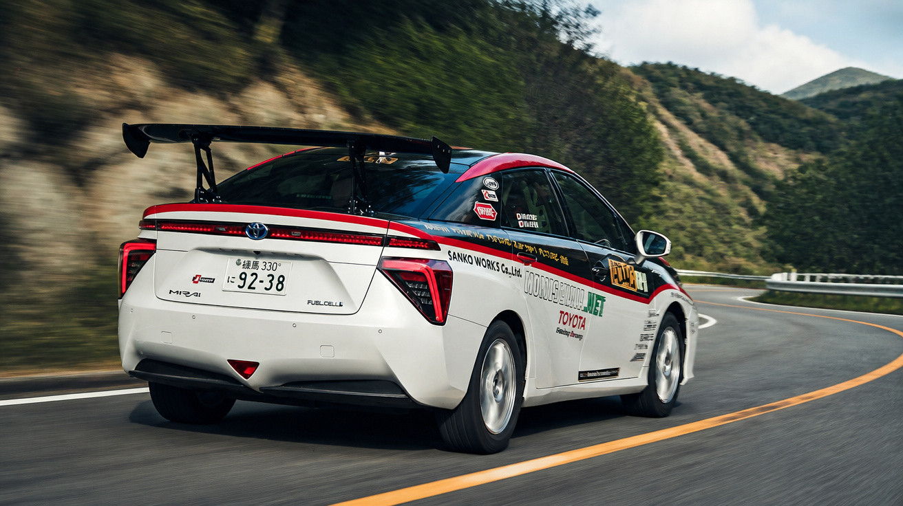 Carro desportivo branco Toyota Mirai com decoração de corridas a seguir uma curva numa estrada montanhosa.