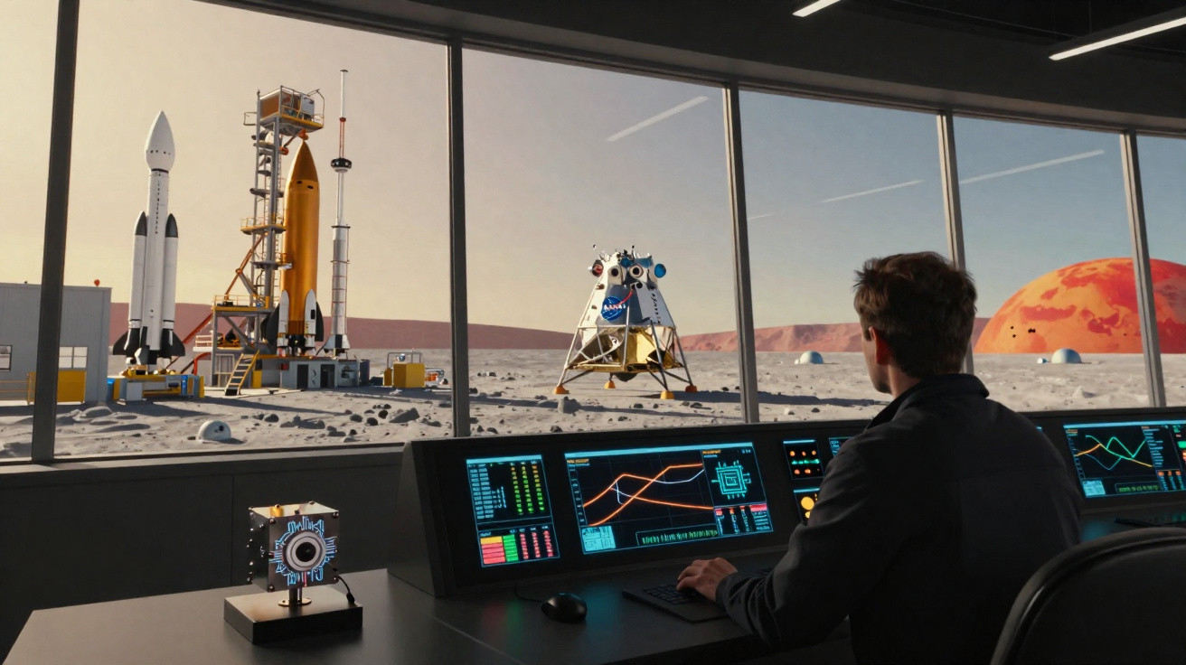 Homem observa através de janela lançadores e módulo lunar numa paisagem marciana futurista com monitores ao seu lado.