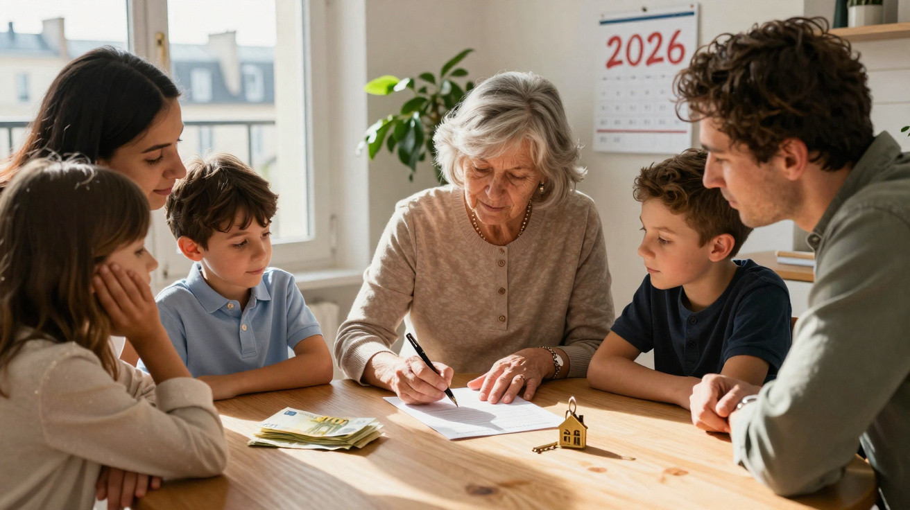 Família reunida à volta da mesa enquanto idosa assina documentos com calendário 2026 ao fundo.