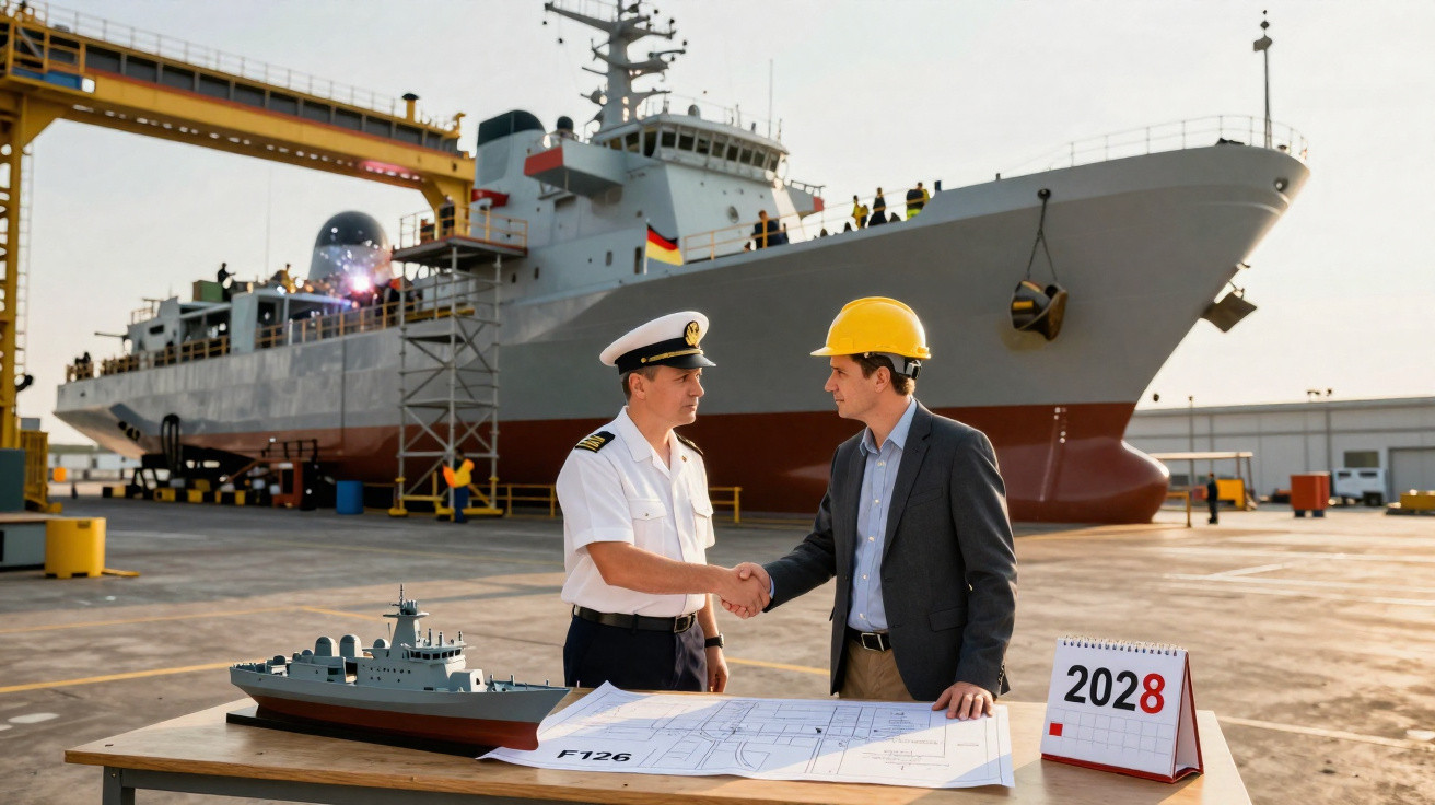 Oficial naval e engenheiro cumprimentam-se junto a planta e maquete de navio em estaleiro naval.