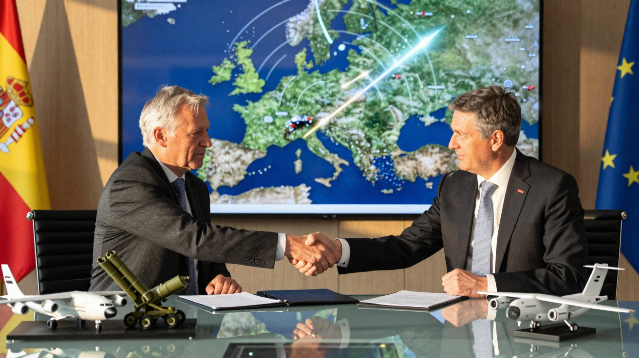 Dois homens de fato apertam as mãos à mesa com modelos de aviões e armas, mapa da Europa ao fundo.