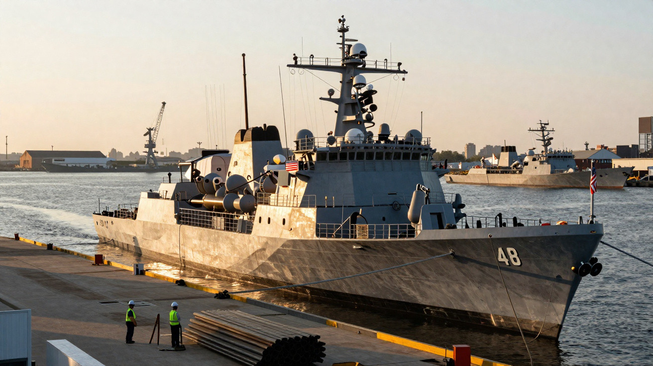 Navio militar atracado num porto durante o pôr do sol, com duas pessoas em coletes refletivos na margem.