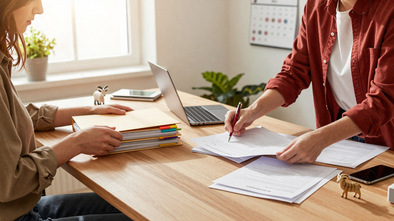 Duas pessoas a analisar e assinar documentos numa mesa com computador portátil e artigos de papelaria.
