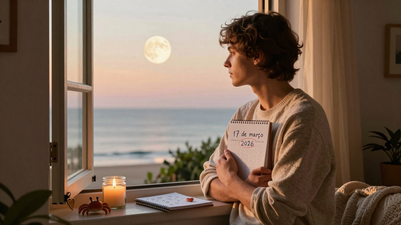 Jovem a olhar pela janela para a lua cheia, segurando calendário com data 17 de março de 2026.