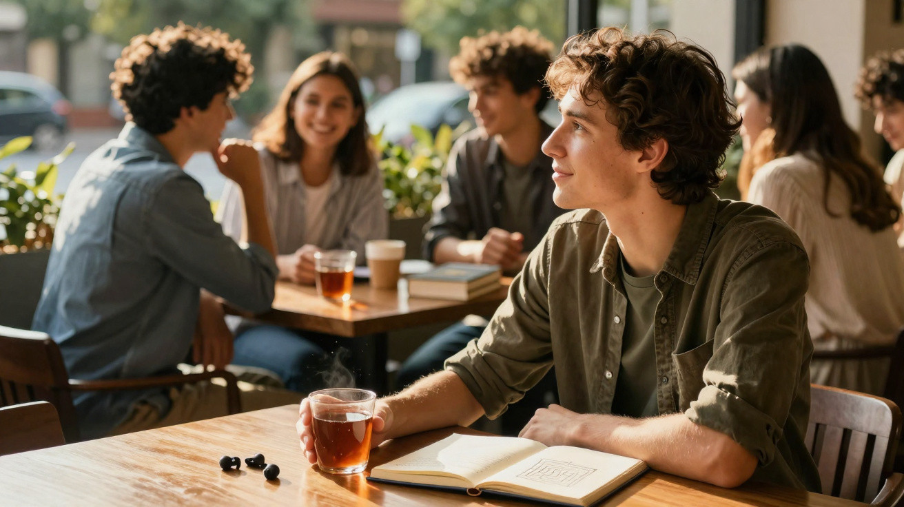 Jovem sentado numa mesa com chá e caderno aberto, olhando para o lado com grupo de amigos ao fundo.