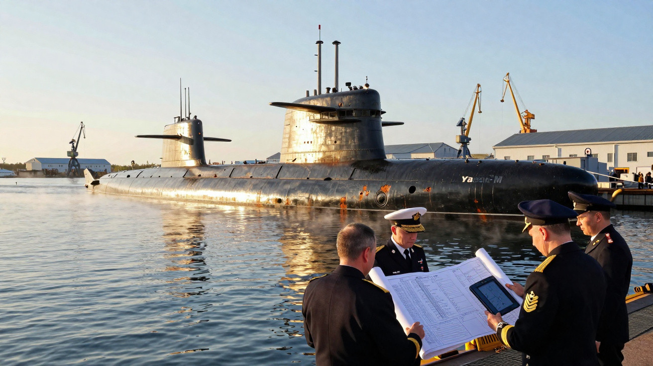 Submarino ancorado no porto com quatro militares da marinha a consultar documentos no cais.
