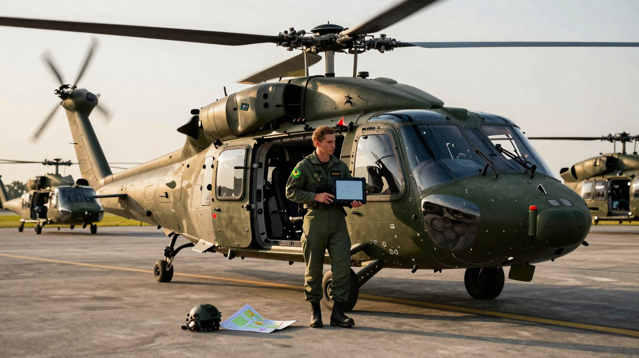Militar em uniforme verde em frente a helicóptero militar estacionado com porta aberta numa pista de aterragem.