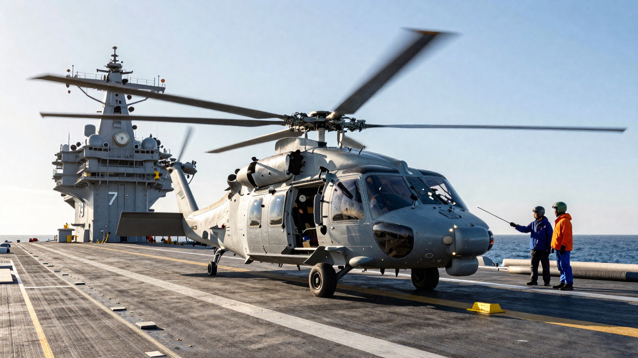 Helicóptero militar cinzento estacionado no convés de um porta-aviões com dois tripulantes à direita no convés.