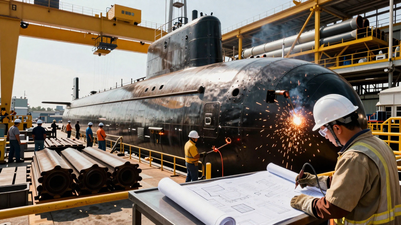 Trabalhadores com capacetes constroem e soldam um submarino numa doca com guindaste amarelo.