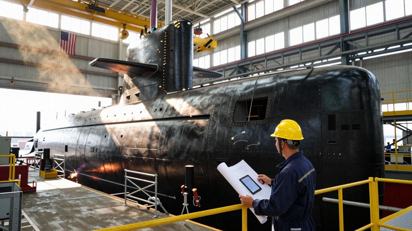 Técnico com capacete amarelo inspeciona submarino preto numa doca interior industrial bem iluminada.