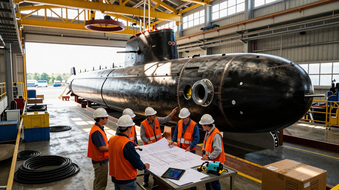 Engenheiros em colete e capacete discutem planos junto a submarino negro em hangar industrial.