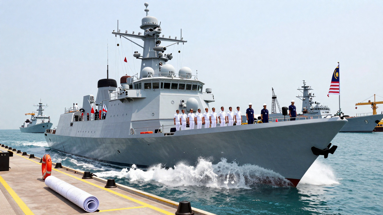 Navio de guerra cinzento com tripulação alinhada no convés, navegando perto do cais sob céu limpo.