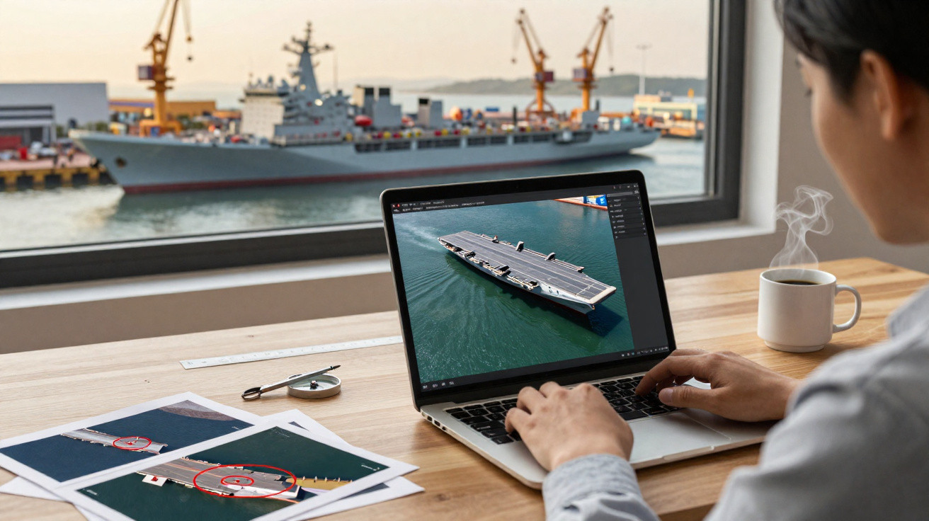Pessoa a trabalhar no computador com imagem de porta-aviões, perto de documentos e vista para navios no porto.