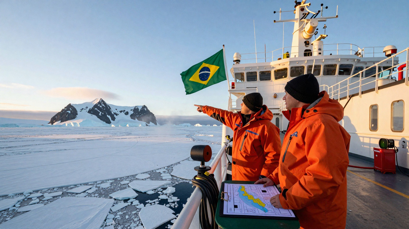 Dois cientistas em casacos laranja num navio com bandeira do Brasil observam gelo e montanhas na Antártida.