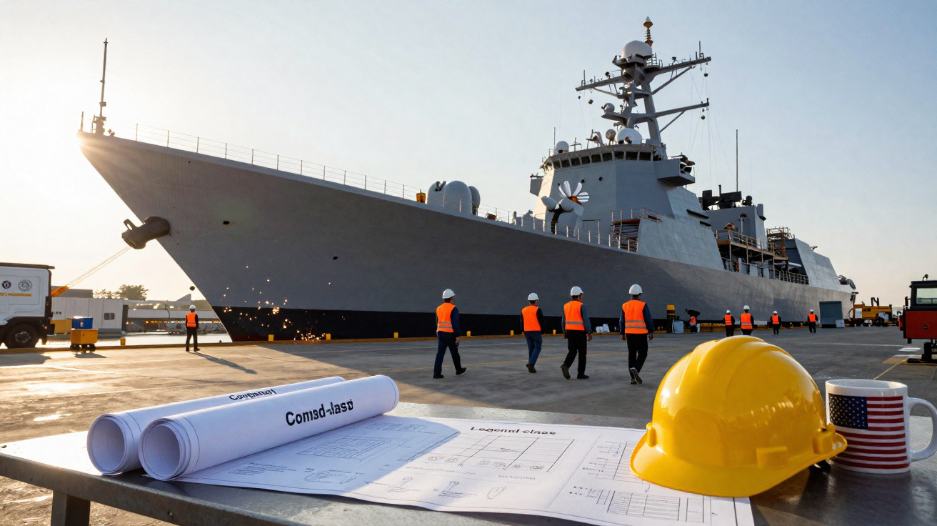 Navio de guerra ancorado com trabalhadores e equipamentos no cais ao amanhecer.
