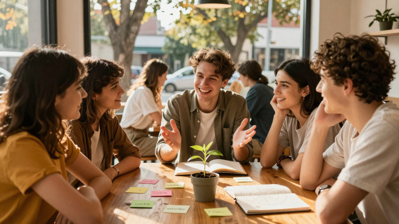 Grupo de cinco jovens numa reunião informal à volta de mesa com plantas e notas coloridas em ambiente iluminado.