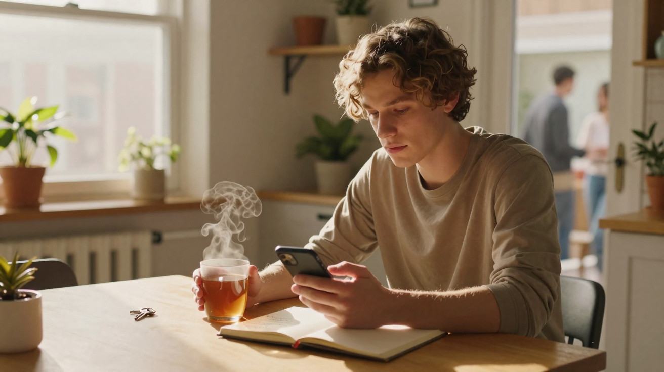 Jovem sentado à mesa com chá quente, a olhar para o telemóvel, com um caderno aberto à sua frente.