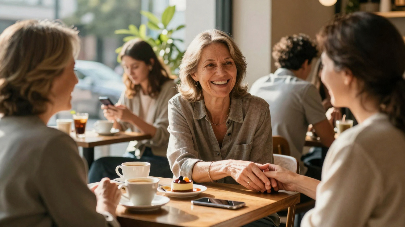 Três mulheres sentadas numa cafetaria com café e sobremesa, sorrindo e a conversar animadamente.