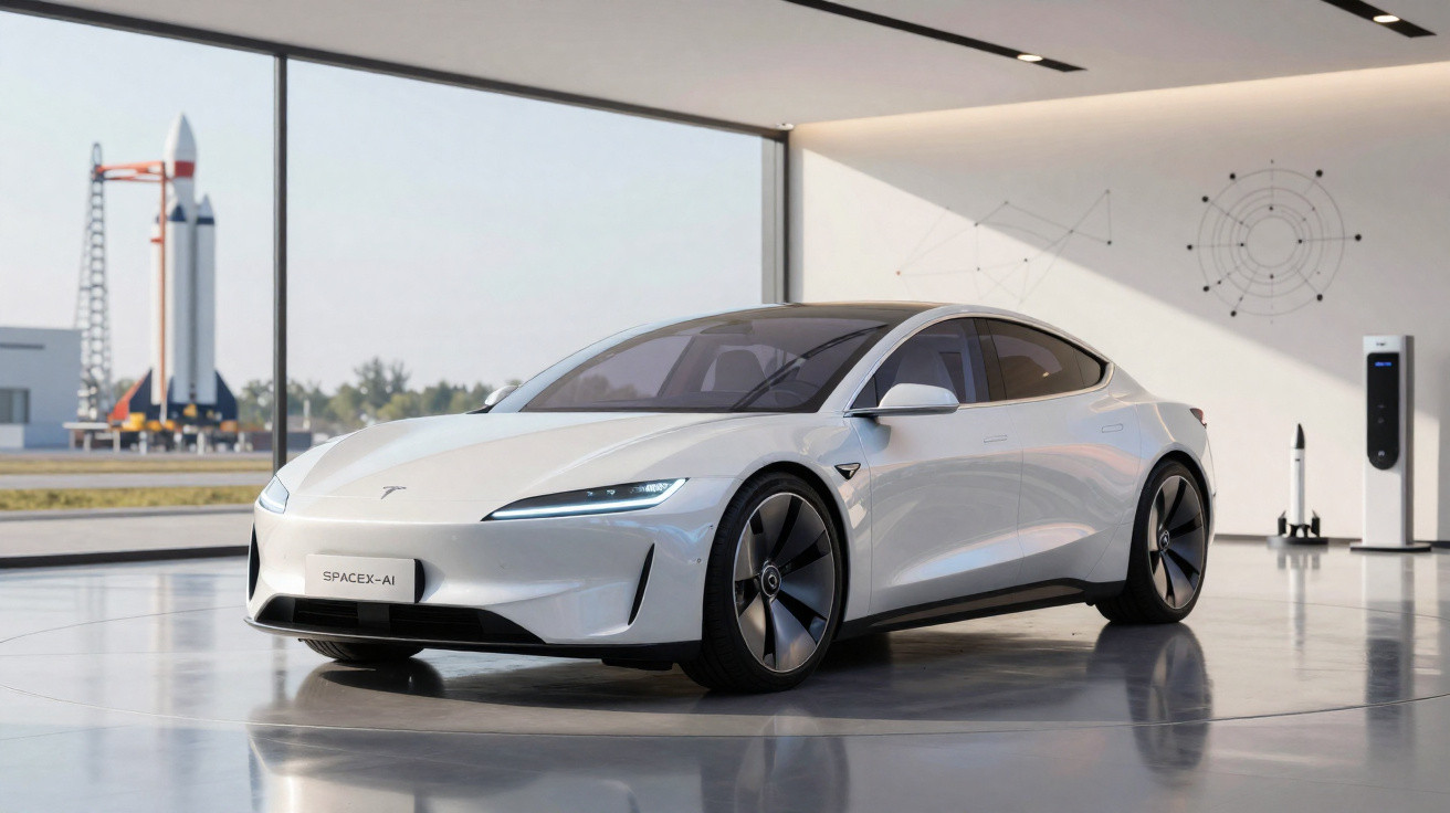 Carro elétrico branco Tesla SpaceX-AI numa garagem moderna com janelas grandes e modelos de foguetes ao fundo.