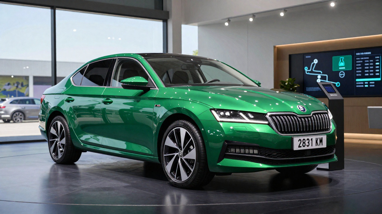 Carro Skoda verde metálico exposto em showroom moderno com piso cinzento e iluminação interior.