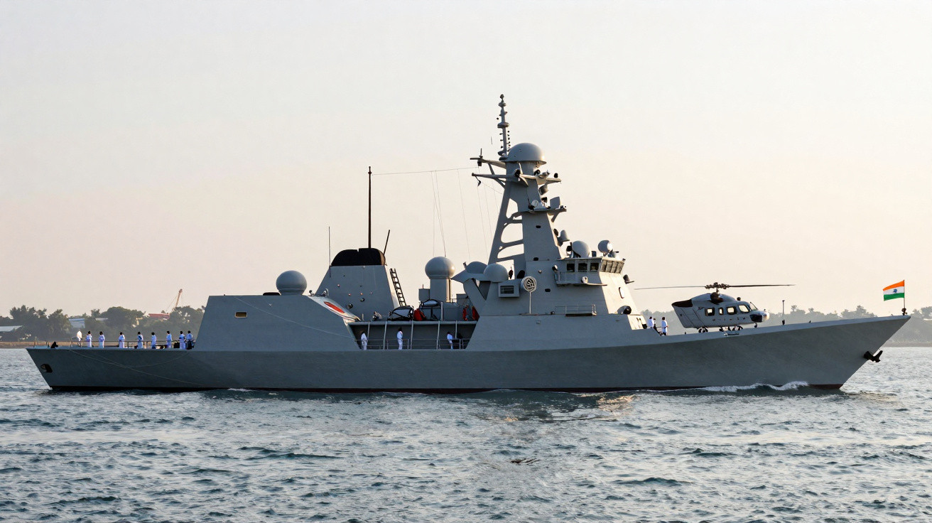 Navio de guerra cinzento com tripulação vestida de branco e helicóptero no convés, navegando no mar.