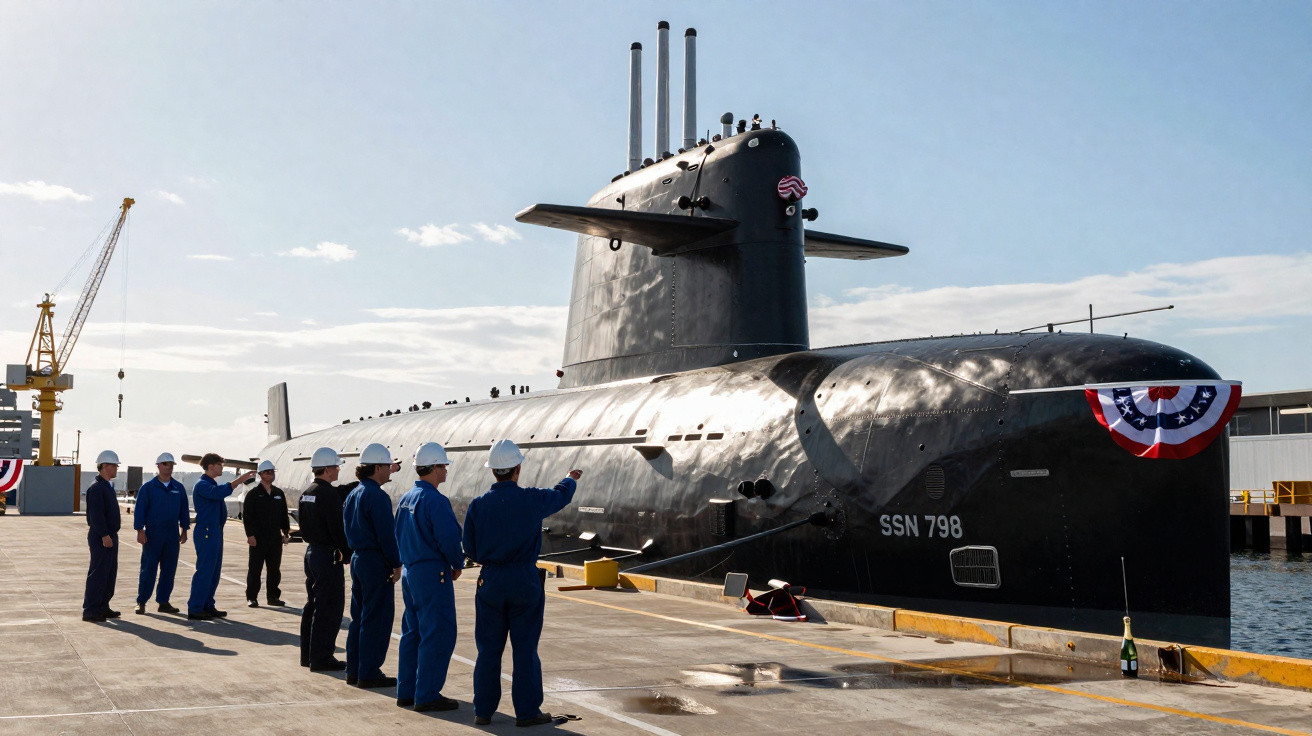 Submarino militar SSN 798 atracado com tripulação em uniforme azul e capacetes brancos em doca.