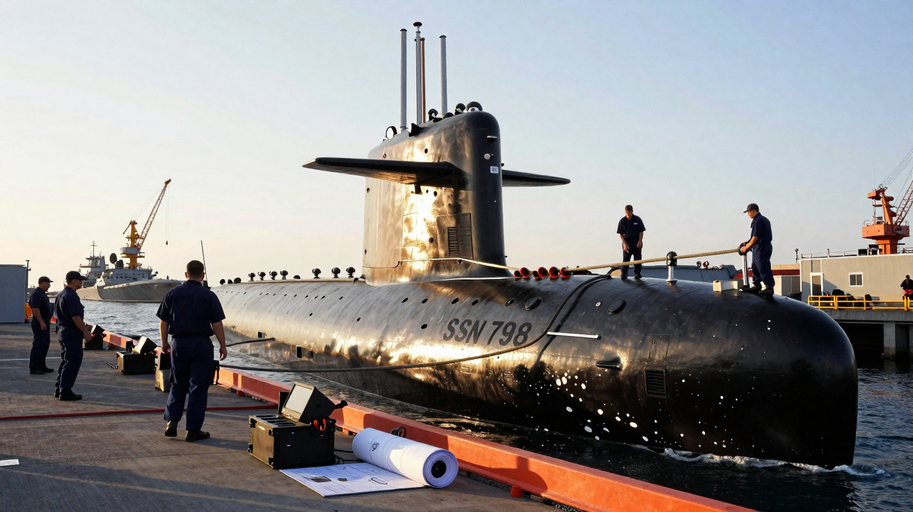 Submarino militar SSN 798 atracado com marinheiros a bordo no porto ao pôr do sol.
