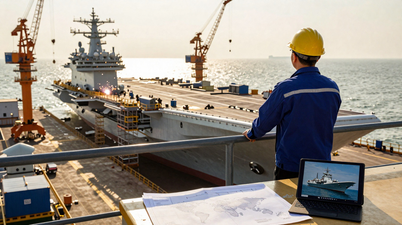 Engenheiro de protecção com capacete amarelo observa porta-aviões em estaleiro naval, com mapas e computador à frente.